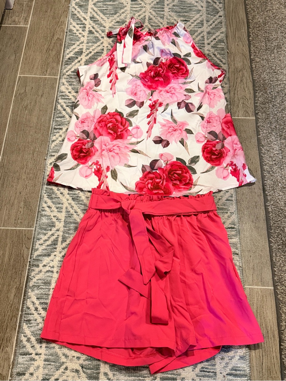 Floral Pink Halter Top & Bright Pink Tie-Waist Shorts Set